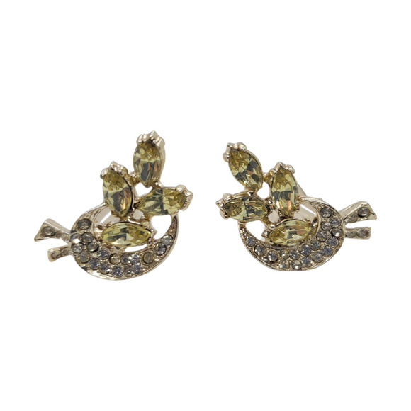 Vintage Clip On Earrings Rhinestone Marquise Leaf Gold Tone Costume Jewelry - Picture 6 of 6